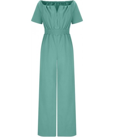 Women's Jumpsuits Dressy Summer V Neck Short Sleeve Smocked High Waist Wide Leg Rompers Comfy Jumpsuits Green $13.56 Pants