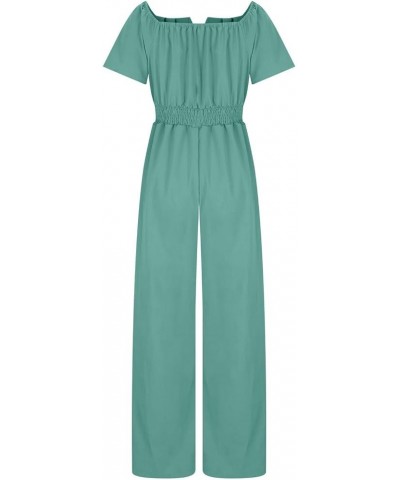 Women's Jumpsuits Dressy Summer V Neck Short Sleeve Smocked High Waist Wide Leg Rompers Comfy Jumpsuits Green $13.56 Pants