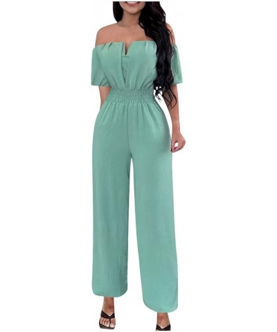 Women's Jumpsuits Dressy Summer V Neck Short Sleeve Smocked High Waist Wide Leg Rompers Comfy Jumpsuits Green $13.56 Pants