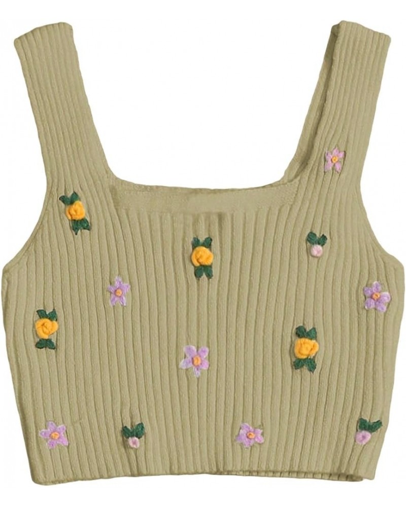 Women's Floral Ribbed Knit Sleeveless Square Neck Crop Tank Top Khaki $12.50 Tanks