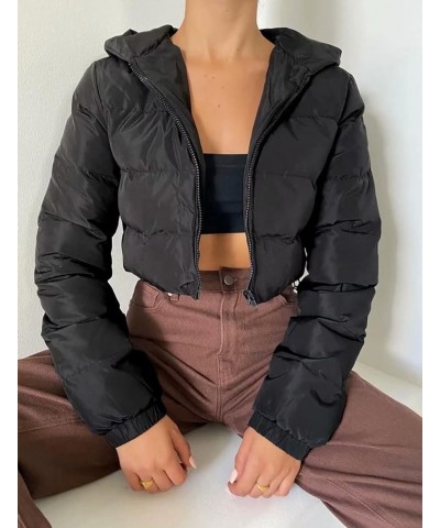 Women's Cropped Puffer Jacket Winter Warm Hooded Quilted Jackets Short Bubble Coat Outerwear Black $20.70 Jackets
