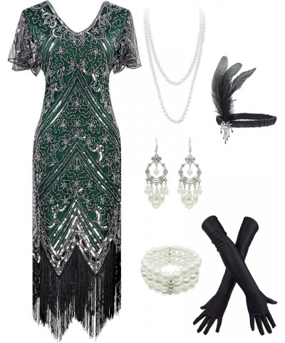 Women's 1920s Sequins Flapper Gatsby Cocktail Dress with 20s Headband Accessories Set Style Floral 3 Silver Green $30.90 Others