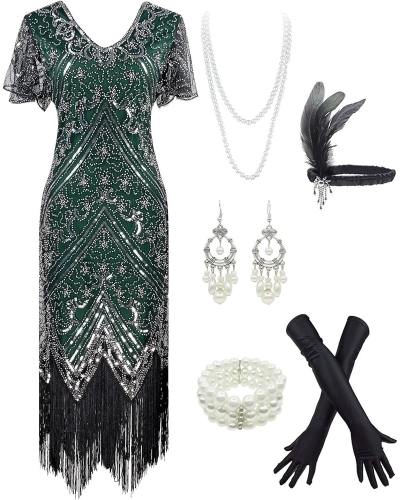 Women's 1920s Sequins Flapper Gatsby Cocktail Dress with 20s Headband Accessories Set Style Floral 3 Silver Green $30.90 Others