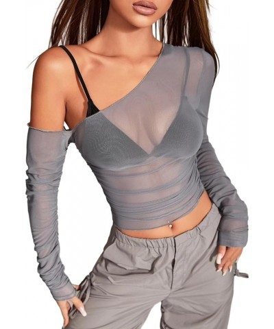 Women's Sheer Mesh Top One Shoulder See Through Long Sleeve Crop Tops Shirt Grey Mesh Without Bra $11.21 T-Shirts