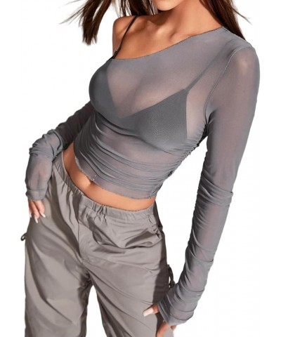 Women's Sheer Mesh Top One Shoulder See Through Long Sleeve Crop Tops Shirt Grey Mesh Without Bra $11.21 T-Shirts