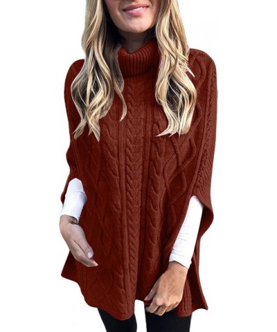 Womens Turtleneck Poncho Sweater 2023 Fall Winter Fashion Chunky Warm Cable Knit Cape Sweaters Pullover Jumper Tops Red $15.8...