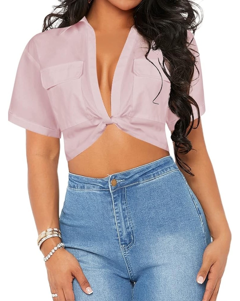 Womens Crop Tops Twist Front Collared Shirts Short Sleeve Sexy V Neck Blouses Pink $8.24 Blouses