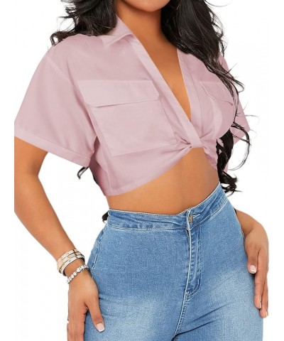 Womens Crop Tops Twist Front Collared Shirts Short Sleeve Sexy V Neck Blouses Pink $8.24 Blouses