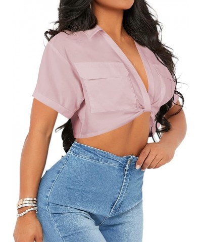 Womens Crop Tops Twist Front Collared Shirts Short Sleeve Sexy V Neck Blouses Pink $8.24 Blouses