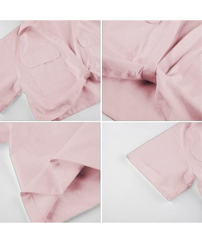 Womens Crop Tops Twist Front Collared Shirts Short Sleeve Sexy V Neck Blouses Pink $8.24 Blouses