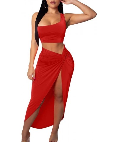 Women's Sexy One Shoulder Long Bodycon Slit Skirt 2 Pieces Dress Red $12.25 Dresses