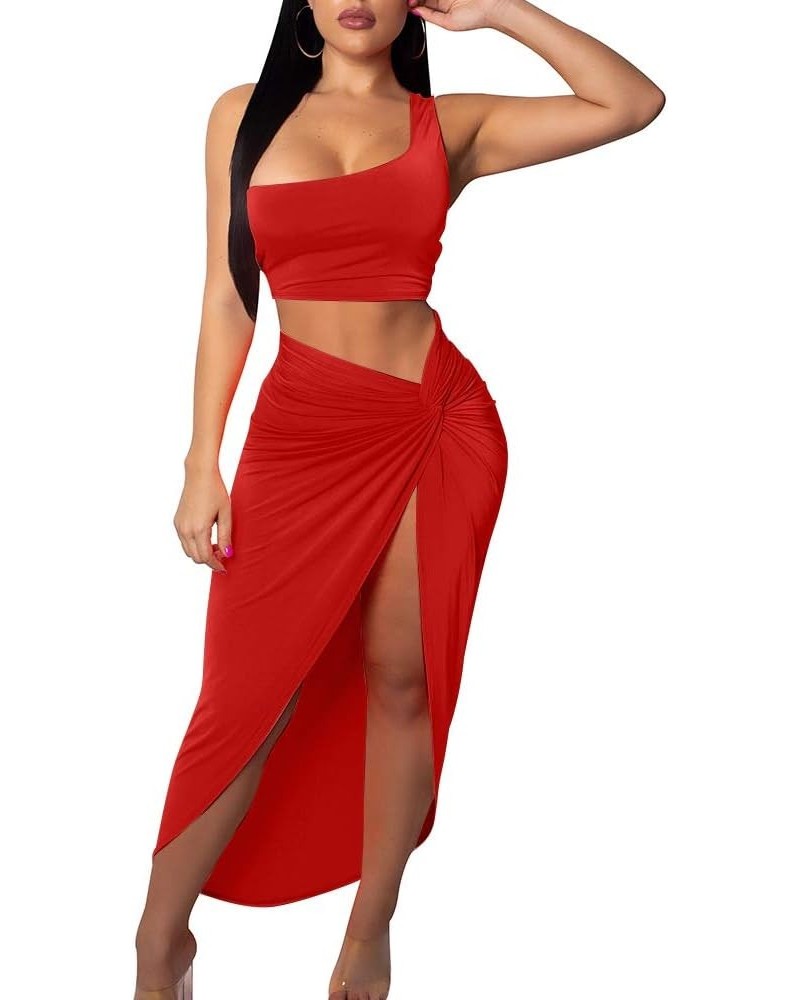 Women's Sexy One Shoulder Long Bodycon Slit Skirt 2 Pieces Dress Red $12.25 Dresses