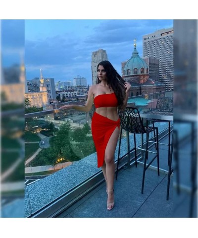 Women's Sexy One Shoulder Long Bodycon Slit Skirt 2 Pieces Dress Red $12.25 Dresses