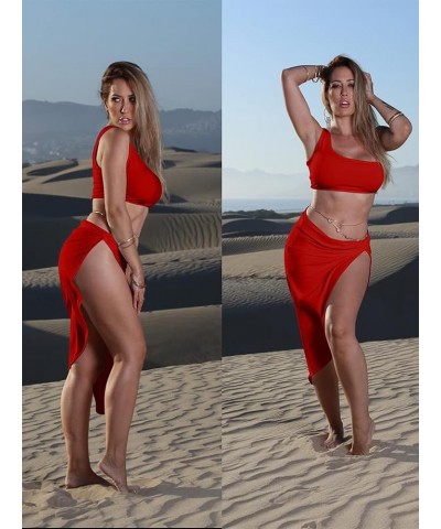 Women's Sexy One Shoulder Long Bodycon Slit Skirt 2 Pieces Dress Red $12.25 Dresses