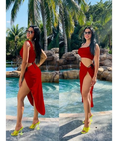 Women's Sexy One Shoulder Long Bodycon Slit Skirt 2 Pieces Dress Red $12.25 Dresses