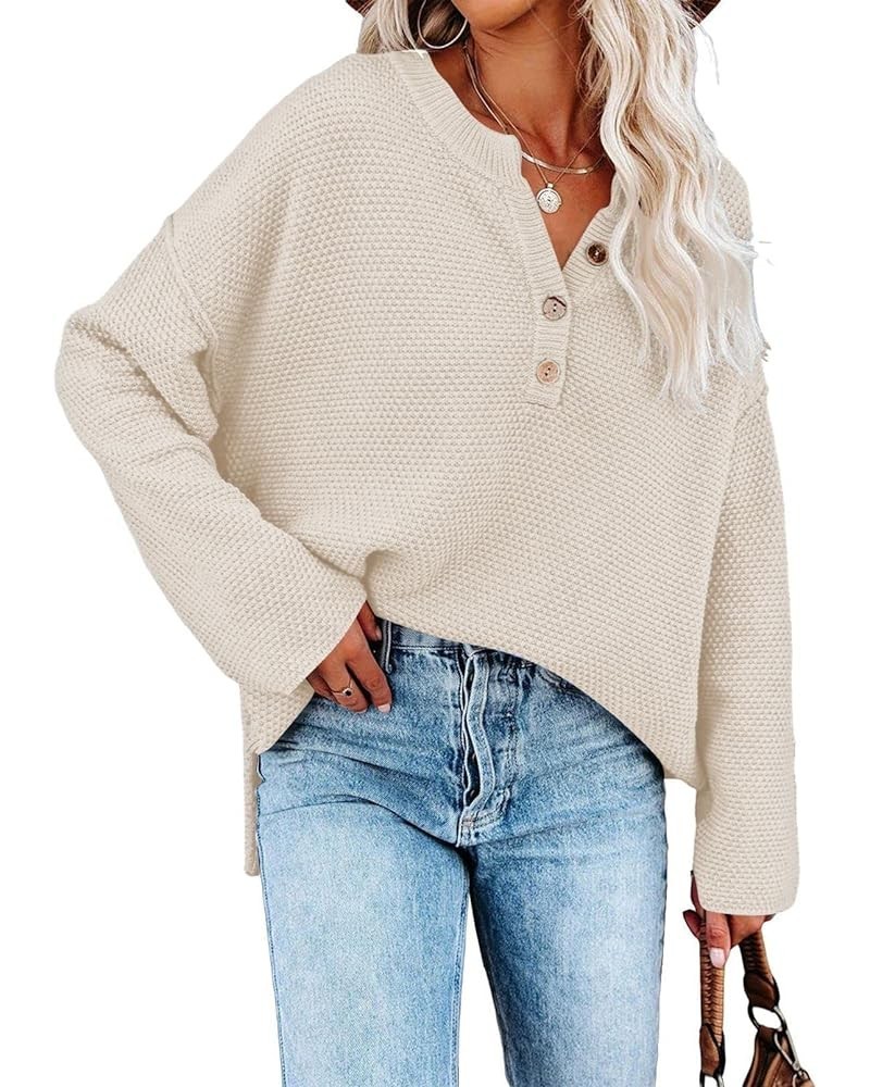 Women's V Neck Button Sweater Oversized Batwing Long Sleeve Henley Pullover Knit Jumper Top Beige $21.44 Sweaters