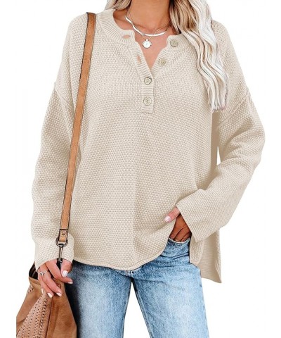 Women's V Neck Button Sweater Oversized Batwing Long Sleeve Henley Pullover Knit Jumper Top Beige $21.44 Sweaters