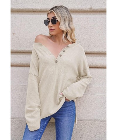 Women's V Neck Button Sweater Oversized Batwing Long Sleeve Henley Pullover Knit Jumper Top Beige $21.44 Sweaters