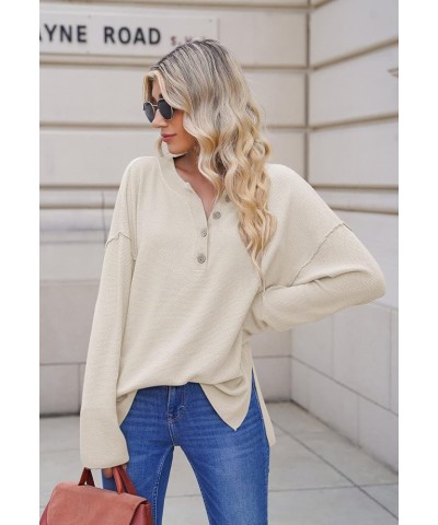 Women's V Neck Button Sweater Oversized Batwing Long Sleeve Henley Pullover Knit Jumper Top Beige $21.44 Sweaters