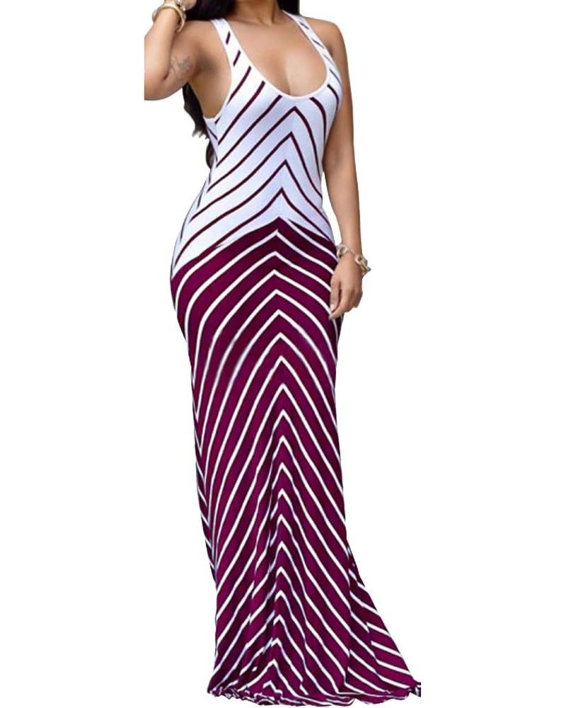 Women's Casual Stripe Long Maxi Dresses with Pockets Spaghetti Strap Sleeveless Loose Beach Sundress 87burgundy $20.99 Dresses