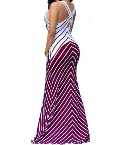 Women's Casual Stripe Long Maxi Dresses with Pockets Spaghetti Strap Sleeveless Loose Beach Sundress 87burgundy $20.99 Dresses