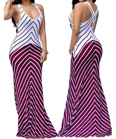 Women's Casual Stripe Long Maxi Dresses with Pockets Spaghetti Strap Sleeveless Loose Beach Sundress 87burgundy $20.99 Dresses