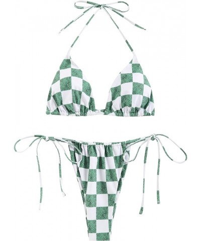 Womens Triangle Bikini Sets High Cut Tie Side 2 Piece Bathing Suits String Halter Bikini Swimsuits 0-green Plaid $20.71 Swims...