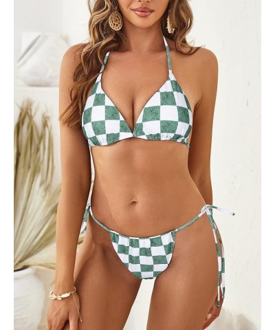 Womens Triangle Bikini Sets High Cut Tie Side 2 Piece Bathing Suits String Halter Bikini Swimsuits 0-green Plaid $20.71 Swims...