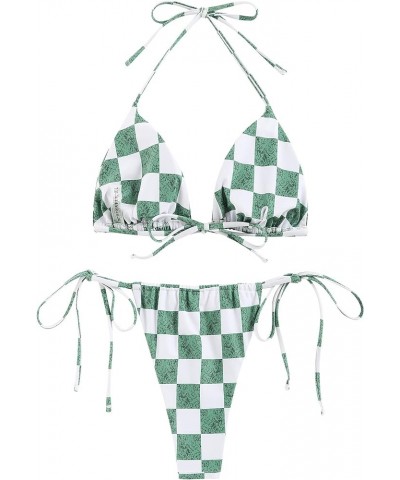 Womens Triangle Bikini Sets High Cut Tie Side 2 Piece Bathing Suits String Halter Bikini Swimsuits 0-green Plaid $20.71 Swims...