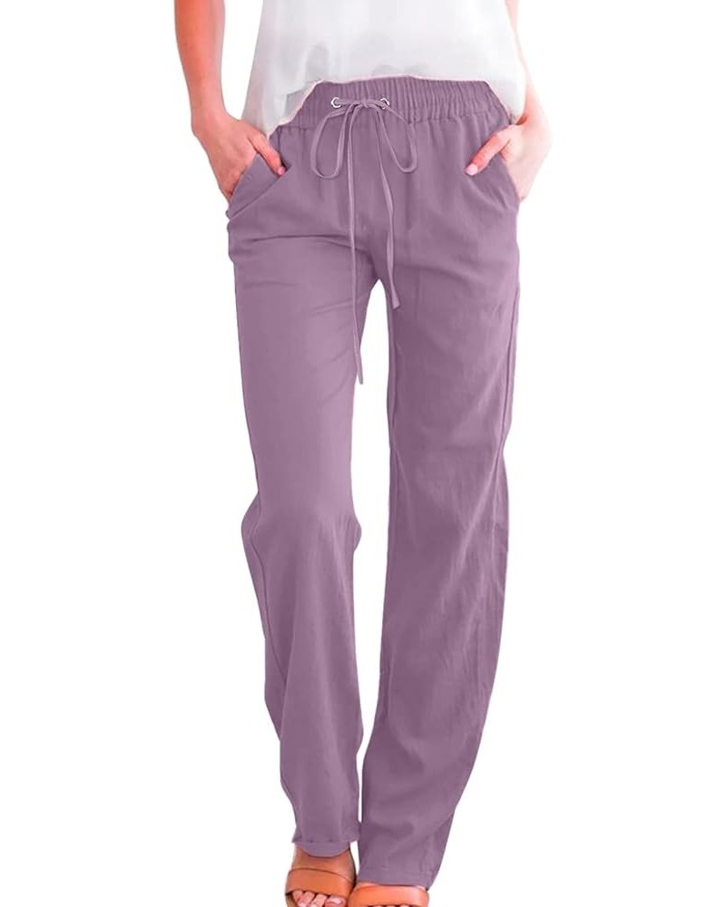 Linen Pants Women Straight Leg Drawstring Sweatpants Pants with Pockets High Waist Casual Lounge Pant Trousers Purple-2 $8.95...