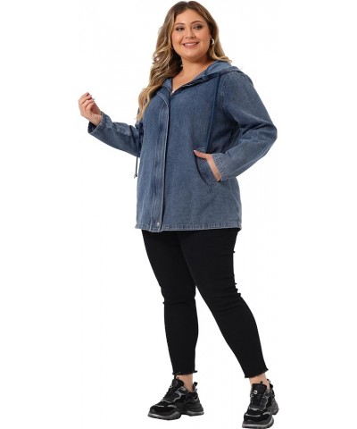 Plus Size Denim Jackets with Hood for Women Layered Drawstring Utility Pockets Jean Jacket Gray Blue $31.79 Jackets