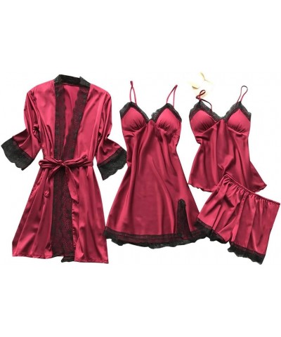 Women's Silk Satin Pajamas Set 4Pcs Lingerie Floral Lace Cami Sleepwear With Robe Lounge Sets Red $7.95 Sleep & Lounge