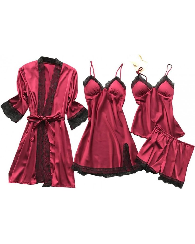 Women's Silk Satin Pajamas Set 4Pcs Lingerie Floral Lace Cami Sleepwear With Robe Lounge Sets Red $7.95 Sleep & Lounge