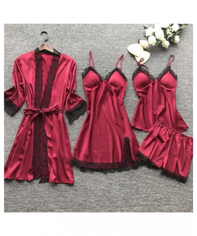 Women's Silk Satin Pajamas Set 4Pcs Lingerie Floral Lace Cami Sleepwear With Robe Lounge Sets Red $7.95 Sleep & Lounge