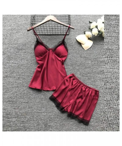 Women's Silk Satin Pajamas Set 4Pcs Lingerie Floral Lace Cami Sleepwear With Robe Lounge Sets Red $7.95 Sleep & Lounge