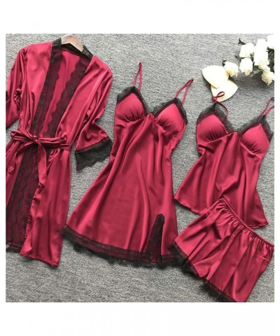 Women's Silk Satin Pajamas Set 4Pcs Lingerie Floral Lace Cami Sleepwear With Robe Lounge Sets Red $7.95 Sleep & Lounge