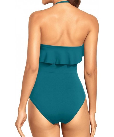 Strapless One Piece Swimsuits for Women Tummy Control Bandeau Bathing Suits Ruffle Slimming Swimwear Teal $18.40 Swimsuits