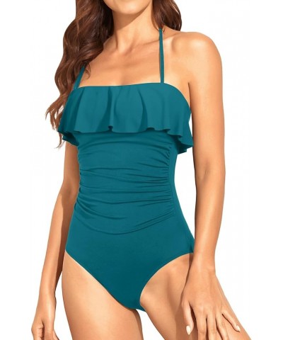 Strapless One Piece Swimsuits for Women Tummy Control Bandeau Bathing Suits Ruffle Slimming Swimwear Teal $18.40 Swimsuits