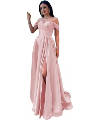 Elegant Off Shoulder Satin Prom Dresses with Slit Ruched Formal Dresses for Women A-line Party Gowns with Train Blush Pink $3...