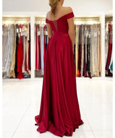 Elegant Off Shoulder Satin Prom Dresses with Slit Ruched Formal Dresses for Women A-line Party Gowns with Train Blush Pink $3...