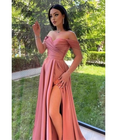 Elegant Off Shoulder Satin Prom Dresses with Slit Ruched Formal Dresses for Women A-line Party Gowns with Train Blush Pink $3...