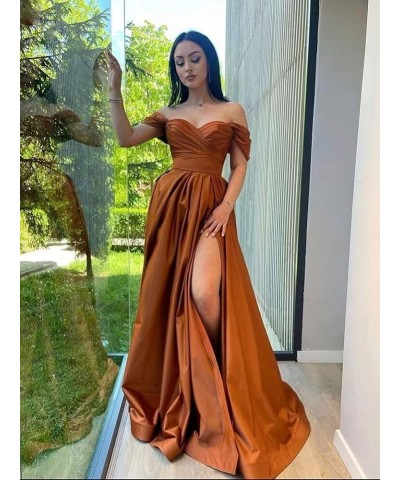 Elegant Off Shoulder Satin Prom Dresses with Slit Ruched Formal Dresses for Women A-line Party Gowns with Train Blush Pink $3...