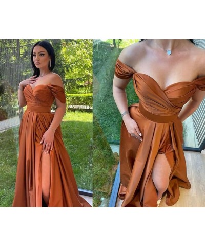 Elegant Off Shoulder Satin Prom Dresses with Slit Ruched Formal Dresses for Women A-line Party Gowns with Train Blush Pink $3...