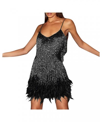 Cocktail Dresses for Women Sexy Deep V-Neck All-Over Fringe Spaghetti Straps Dress Sequins Feather Prom Party Dress 3-black $...