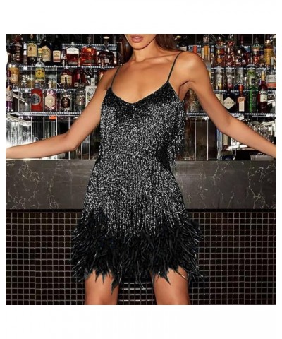 Cocktail Dresses for Women Sexy Deep V-Neck All-Over Fringe Spaghetti Straps Dress Sequins Feather Prom Party Dress 3-black $...