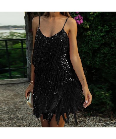 Cocktail Dresses for Women Sexy Deep V-Neck All-Over Fringe Spaghetti Straps Dress Sequins Feather Prom Party Dress 3-black $...