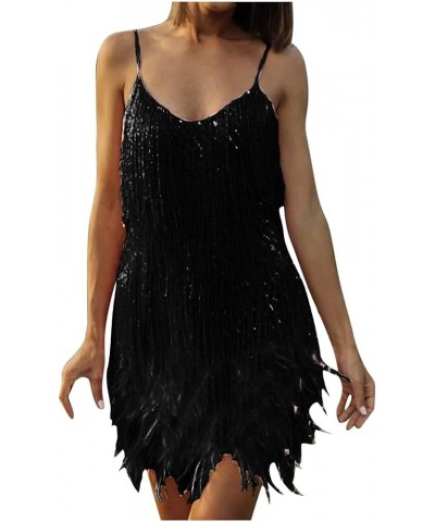 Cocktail Dresses for Women Sexy Deep V-Neck All-Over Fringe Spaghetti Straps Dress Sequins Feather Prom Party Dress 3-black $...