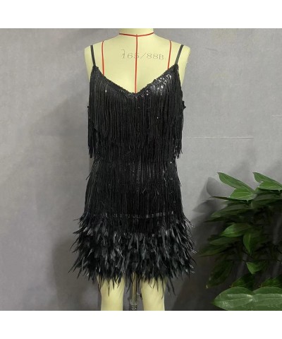 Cocktail Dresses for Women Sexy Deep V-Neck All-Over Fringe Spaghetti Straps Dress Sequins Feather Prom Party Dress 3-black $...