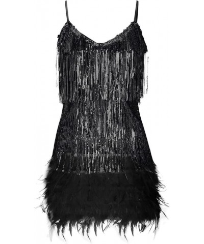 Cocktail Dresses for Women Sexy Deep V-Neck All-Over Fringe Spaghetti Straps Dress Sequins Feather Prom Party Dress 3-black $...