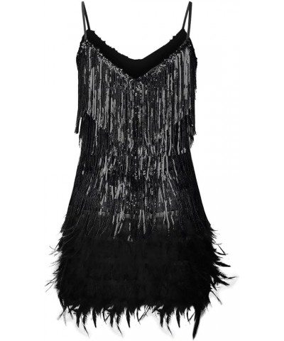 Cocktail Dresses for Women Sexy Deep V-Neck All-Over Fringe Spaghetti Straps Dress Sequins Feather Prom Party Dress 3-black $...